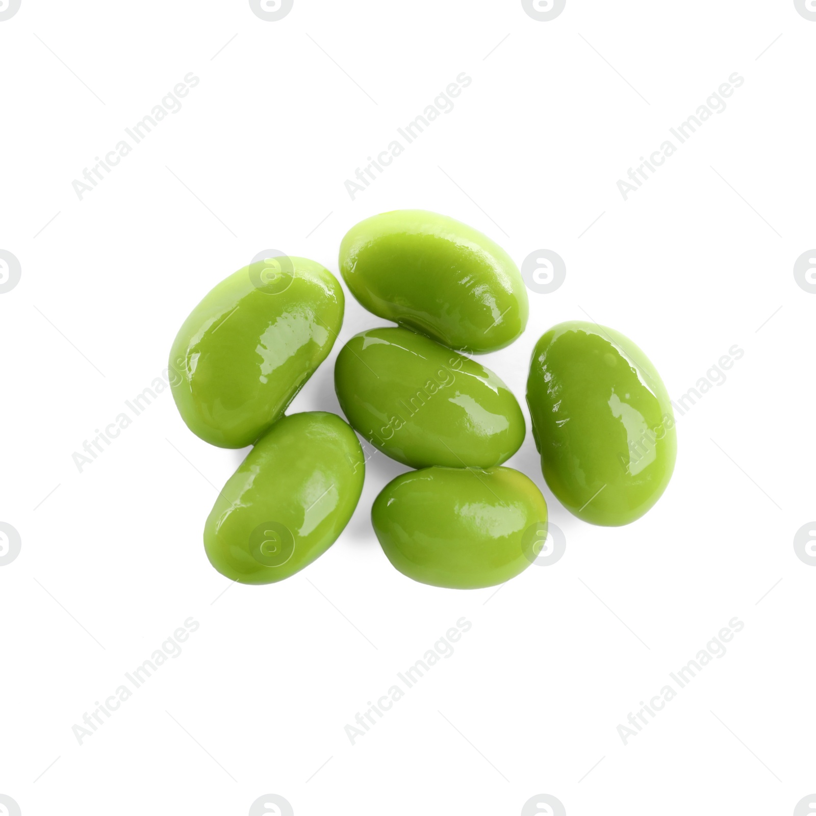 Photo of Fresh green edamame soybeans on white background, top view