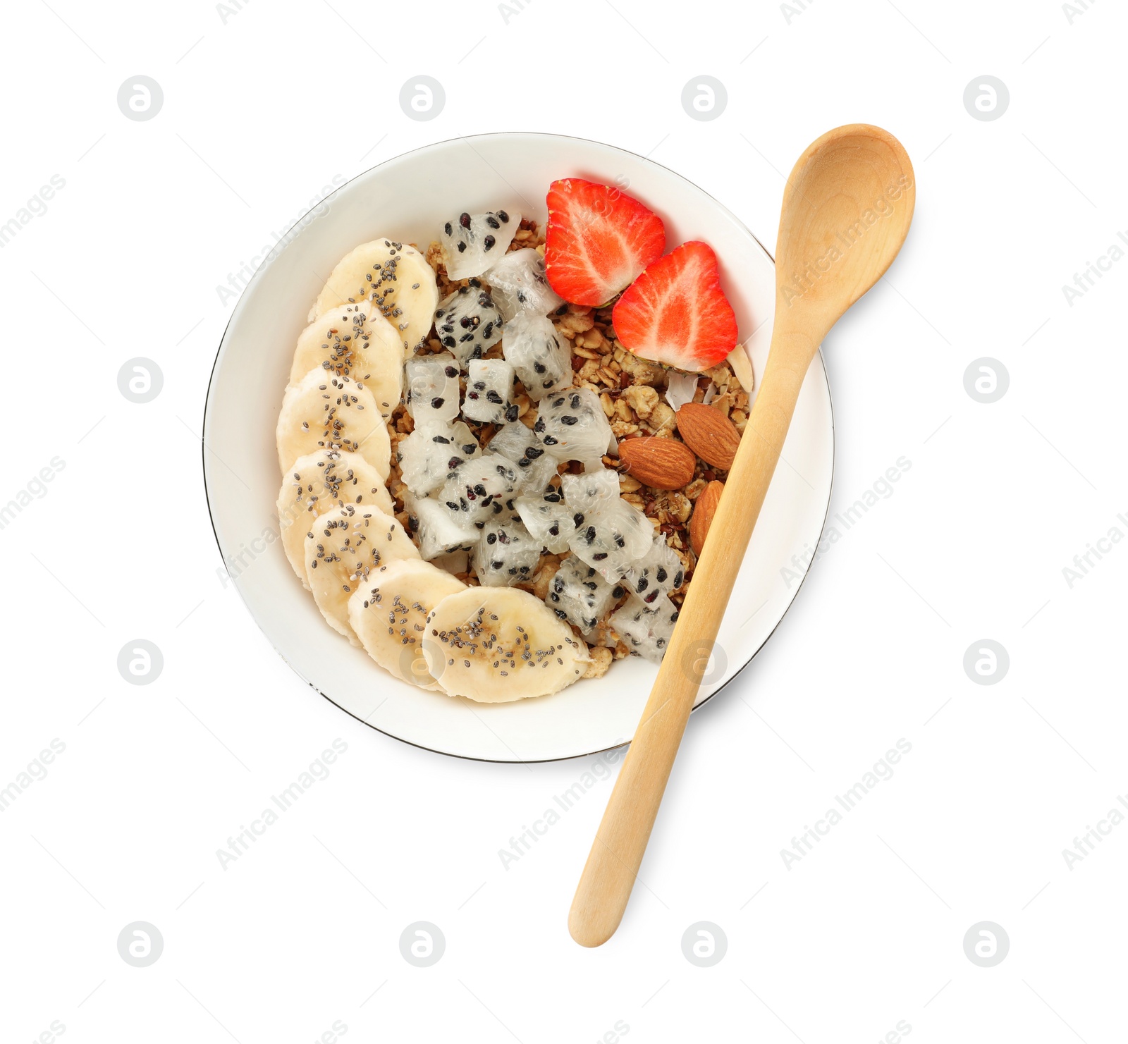 Photo of Bowl of granola with pitahaya, banana and strawberry on white background, top view