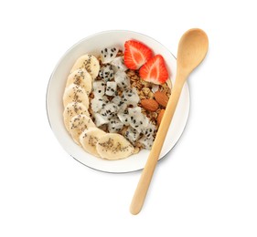 Photo of Bowl of granola with pitahaya, banana and strawberry on white background, top view