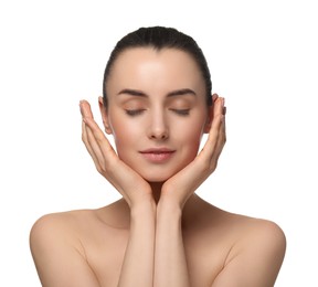 Portrait of beautiful young woman on white background