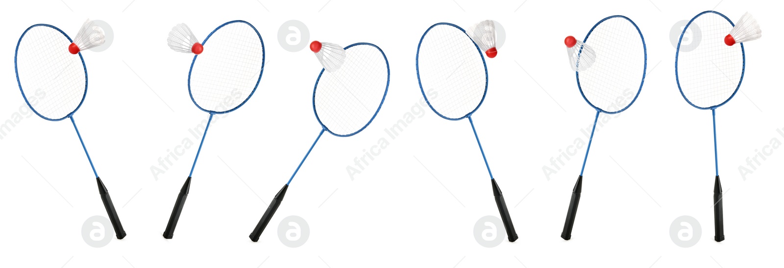Image of Set with badminton rackets and shuttlecocks on white background. Banner design