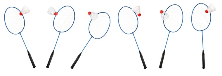 Image of Set with badminton rackets and shuttlecocks on white background. Banner design
