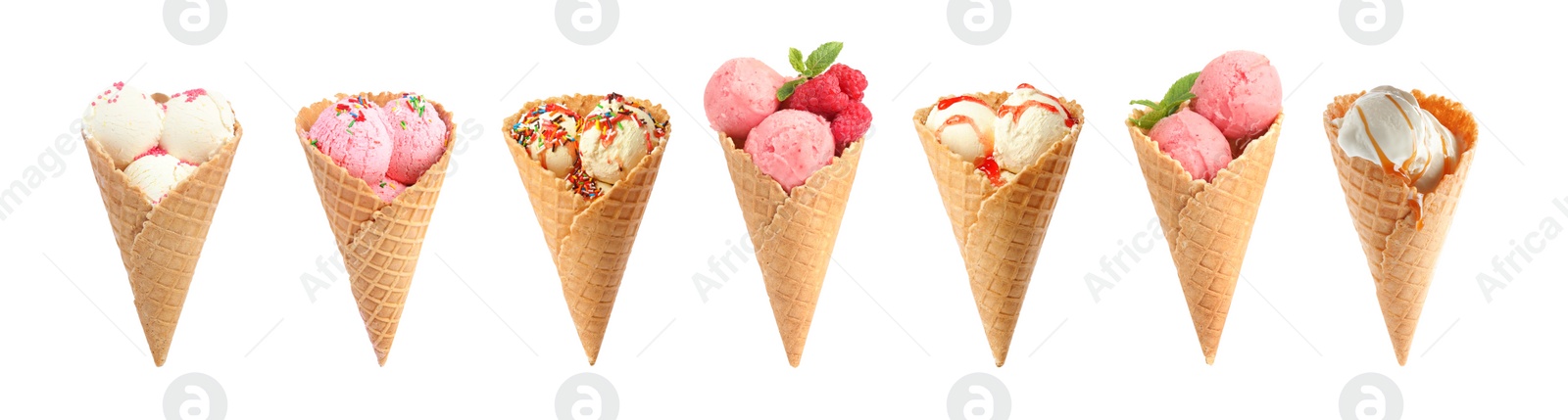 Image of Set of different ice creams in wafer cones on white background. Banner design