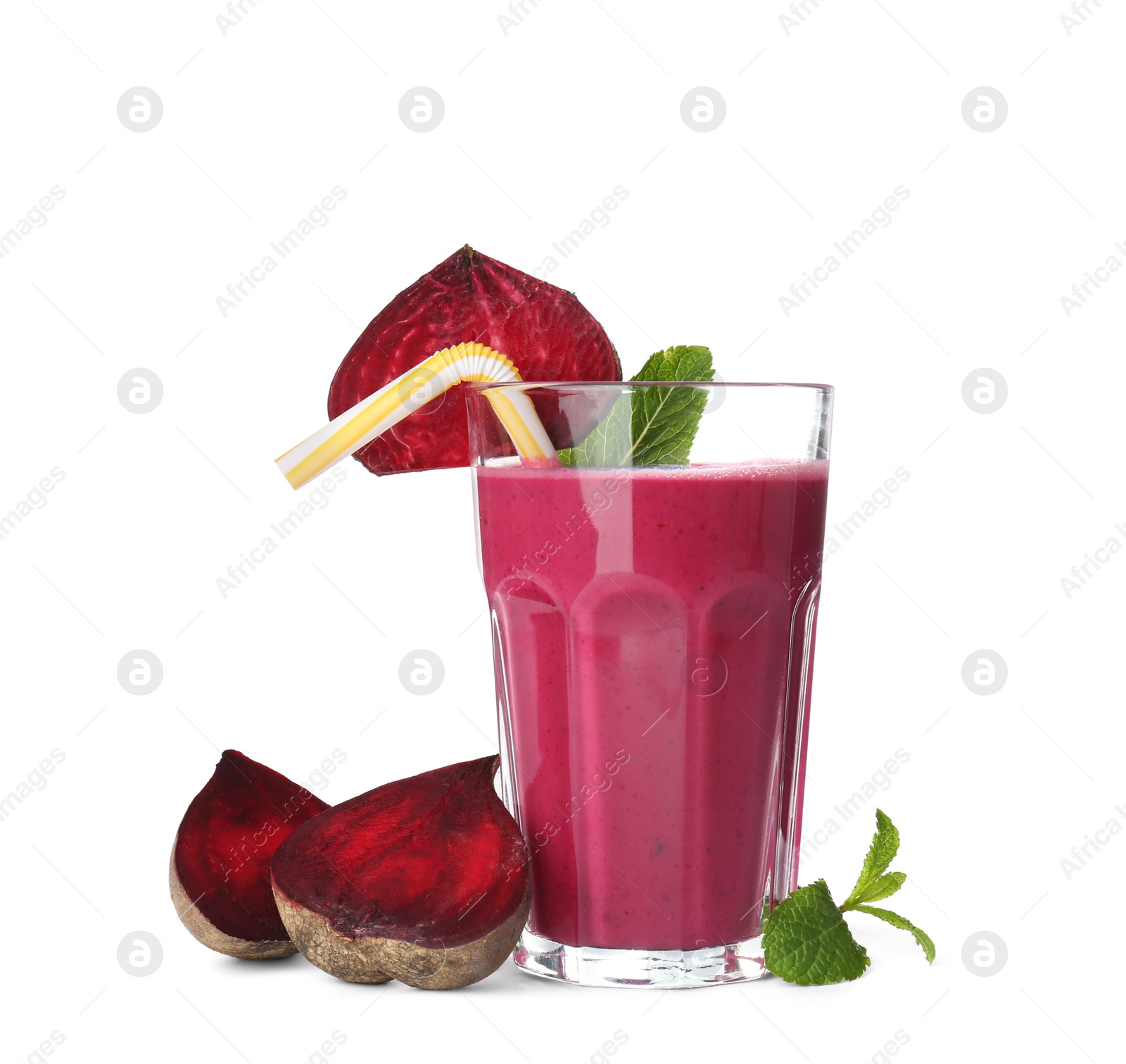 Photo of Glass with delicious detox smoothie on white background