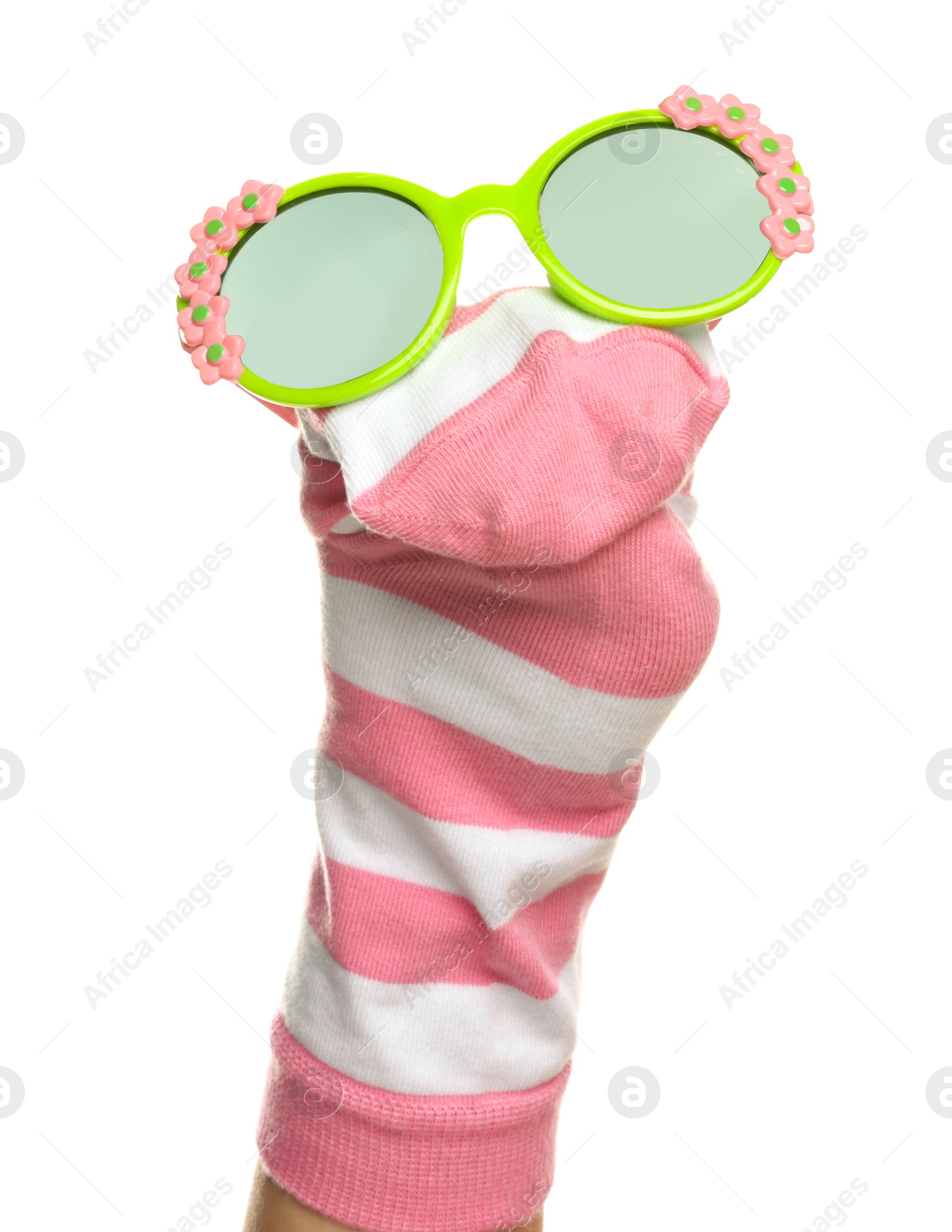 Photo of Funny sock puppet with sunglasses isolated on white