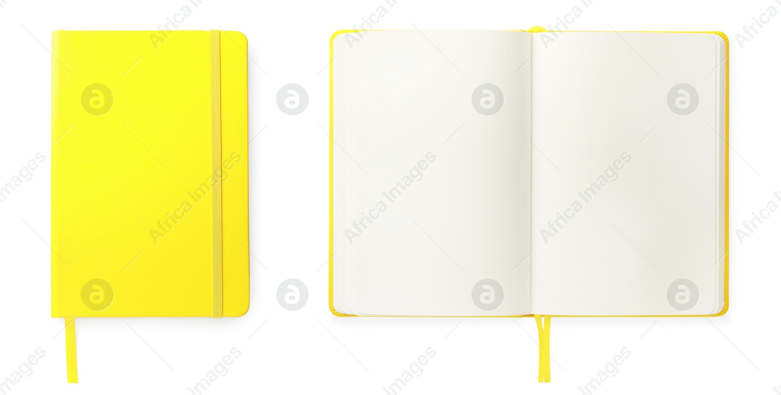 Image of Bright yellow notebooks on white background, top view. Banner design