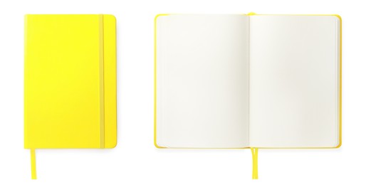Image of Bright yellow notebooks on white background, top view. Banner design