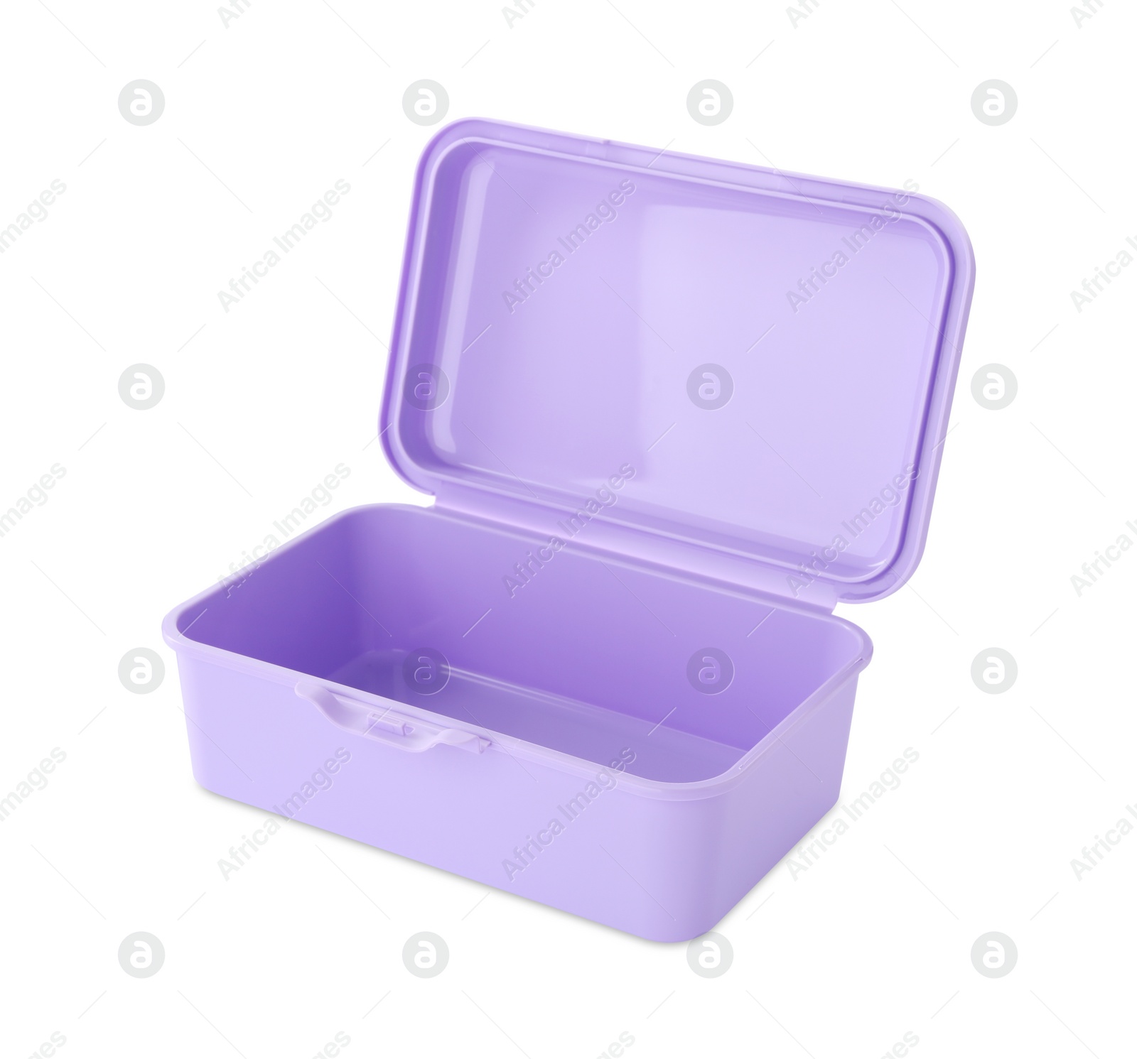 Photo of Violet lunch box isolated on white. School food