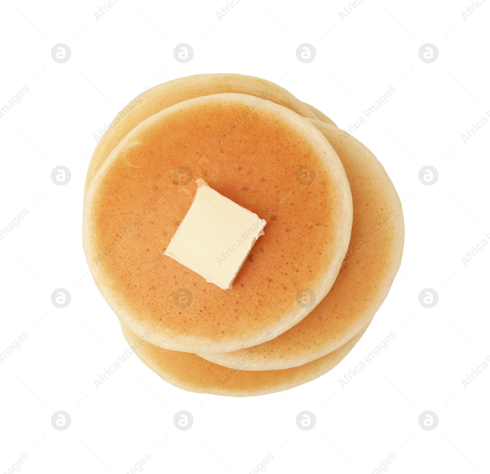 Photo of Delicious pancakes with butter isolated on white, top view