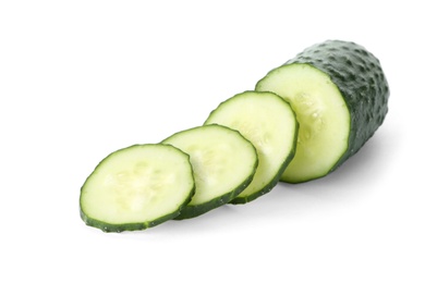 Photo of Fresh green sliced cucumber on white background