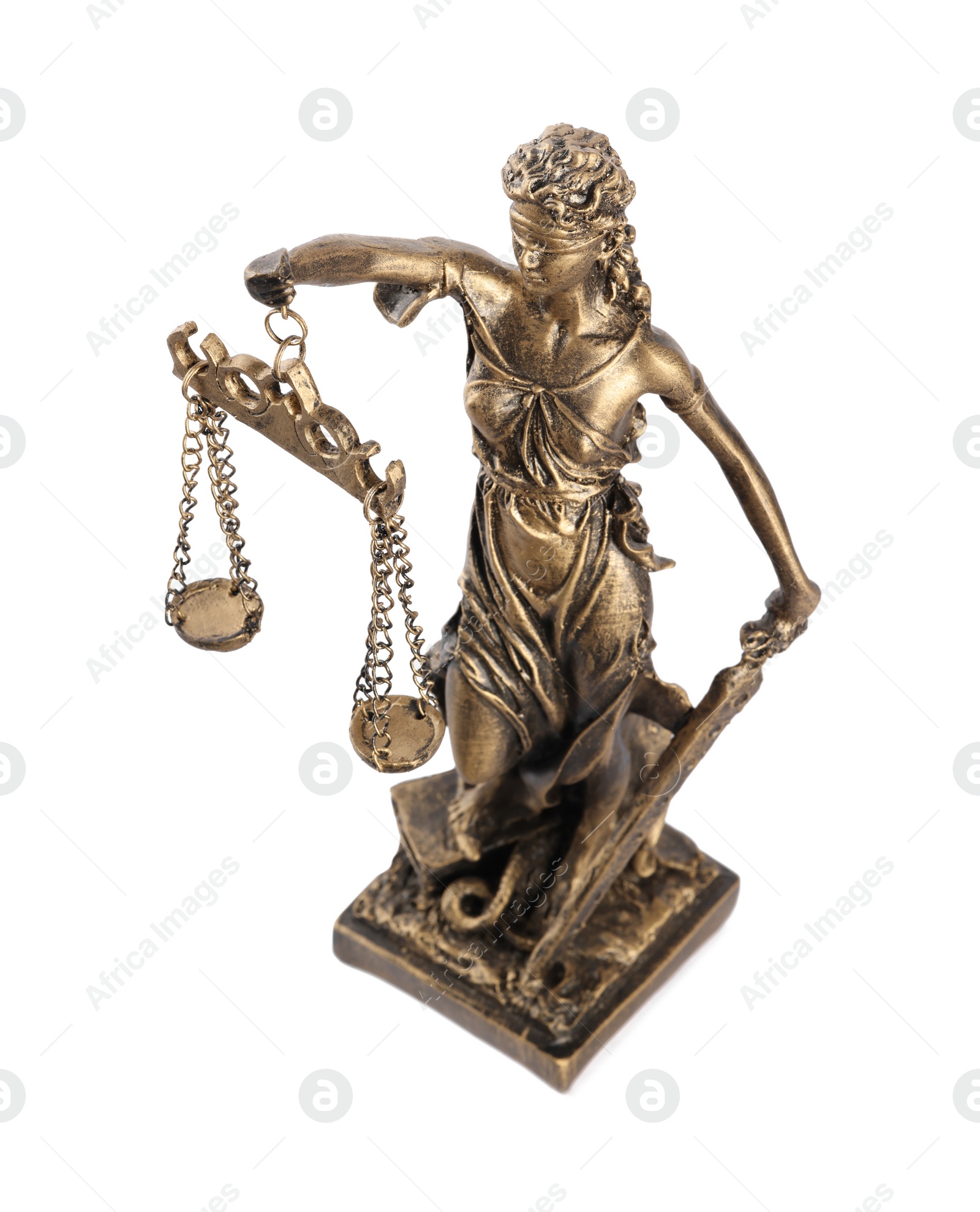 Photo of Statue of Lady Justice isolated on white, above view. Symbol of fair treatment under law