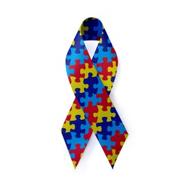 Image of World Autism Awareness Day. Colorful puzzle ribbon on white background, top view