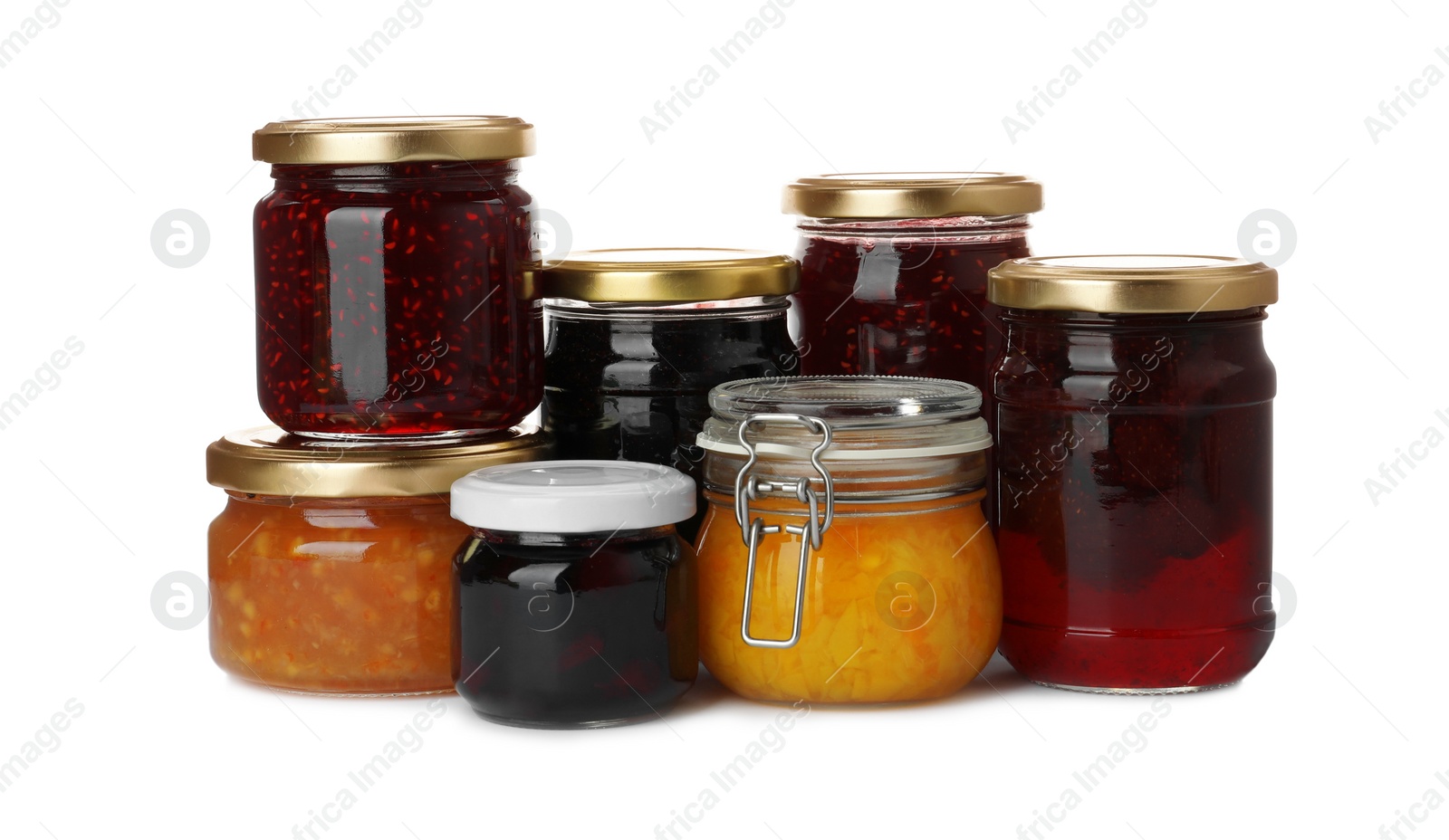 Photo of Jars with different jams on white background