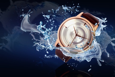 Image of Luxury men's watch in water splashes demonstrating its waterproof