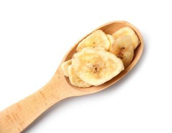 Photo of Wooden spoon with banana slices on white background, top view. Dried fruit as healthy snack