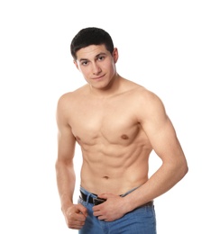 Portrait of shirtless muscular man on white background