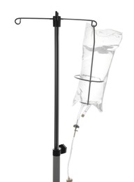 Photo of IV infusion set on pole against white background