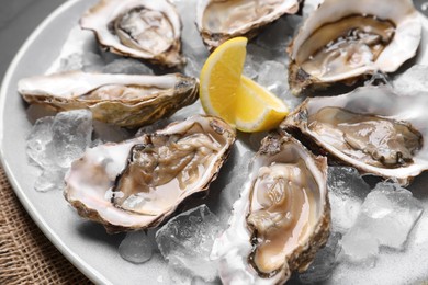 Delicious fresh oysters with lemon slices served on table, closeup
