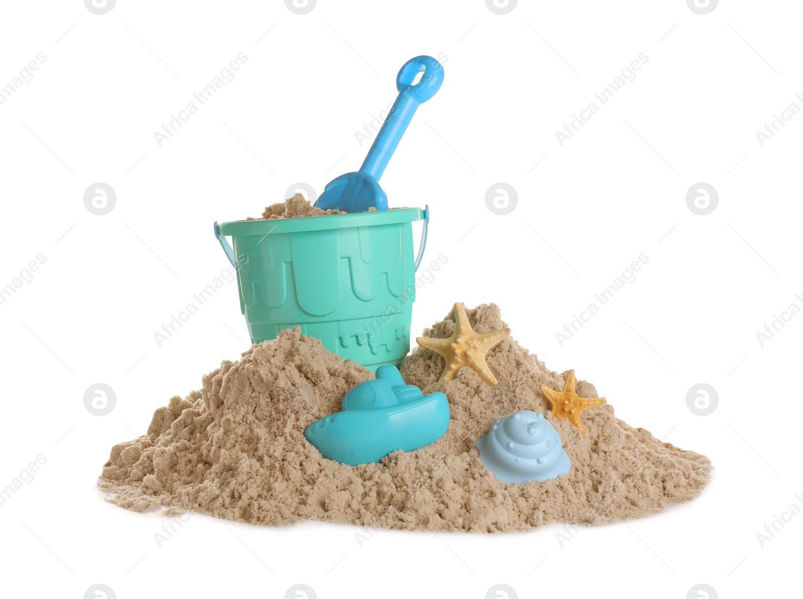 Photo of Plastic beach toys on pile of sand against white background. Outdoor play