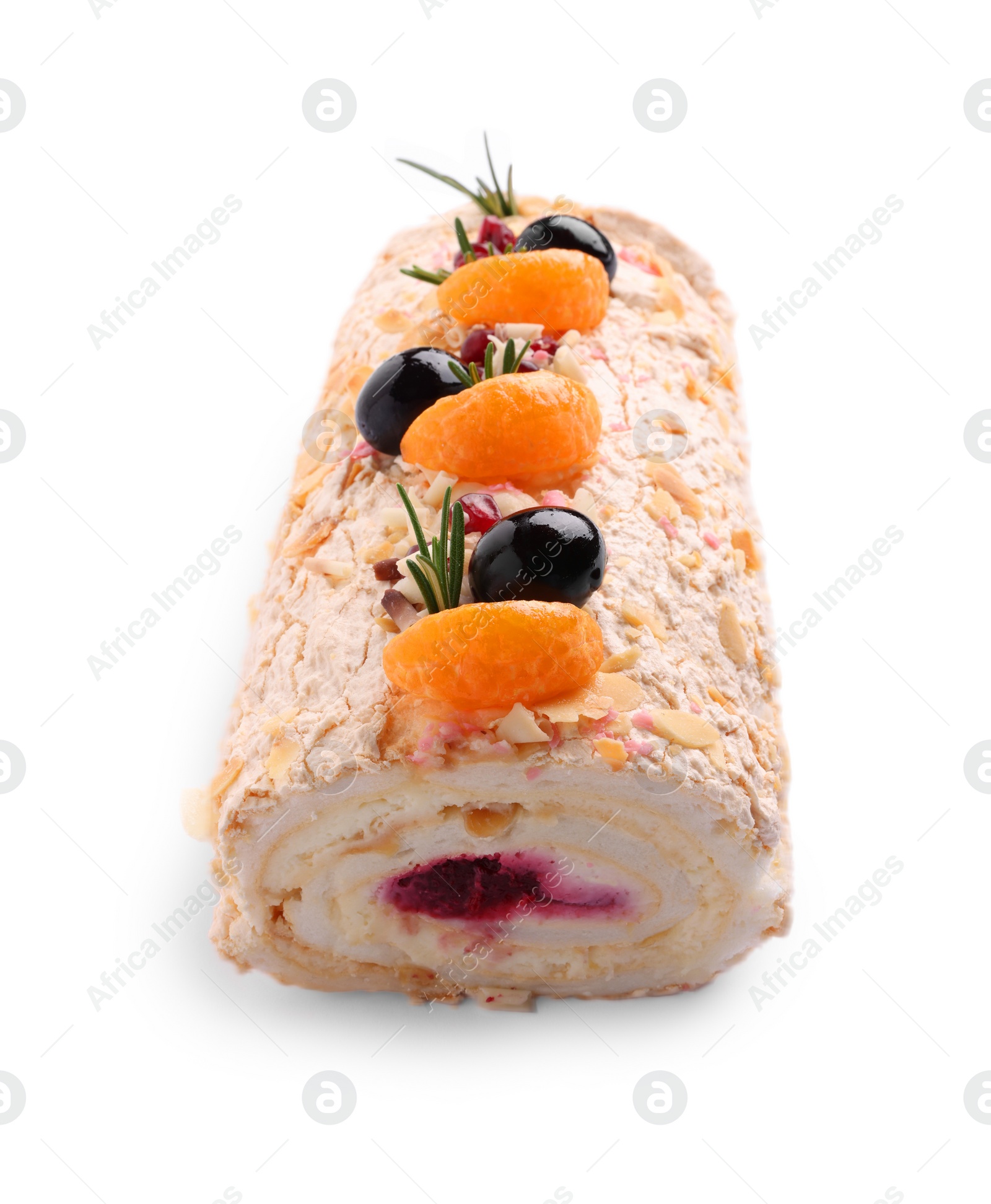 Photo of Tasty meringue roll with jam, tangerine slices and rosemary isolated on white