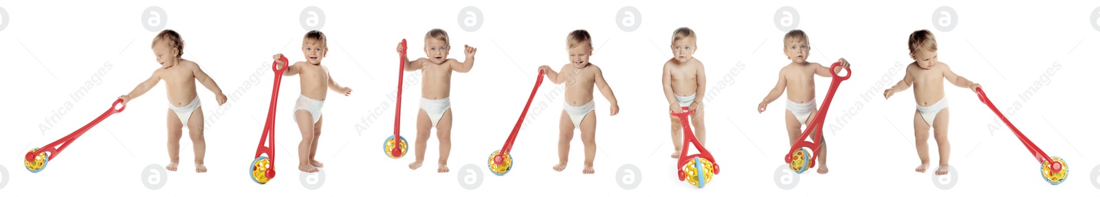 Image of Collage with photos of cute baby with push toy learning to walk on white background. Banner design