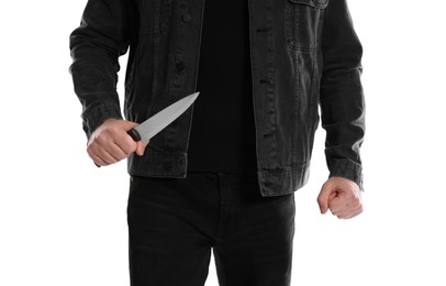 Photo of Man with knife on white background, closeup. Dangerous criminal