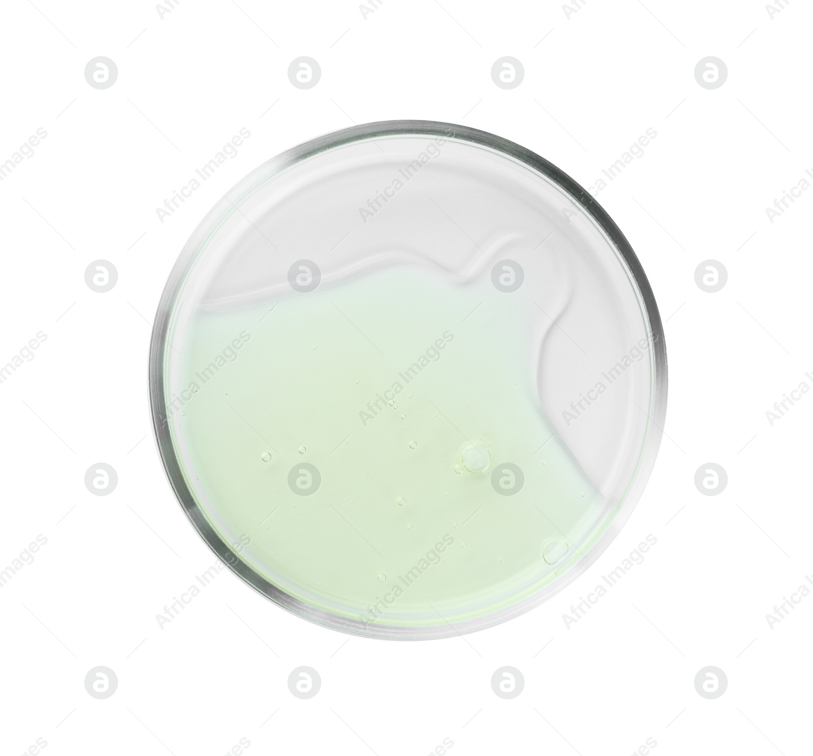 Photo of Petri dish with liquid isolated on white, top view