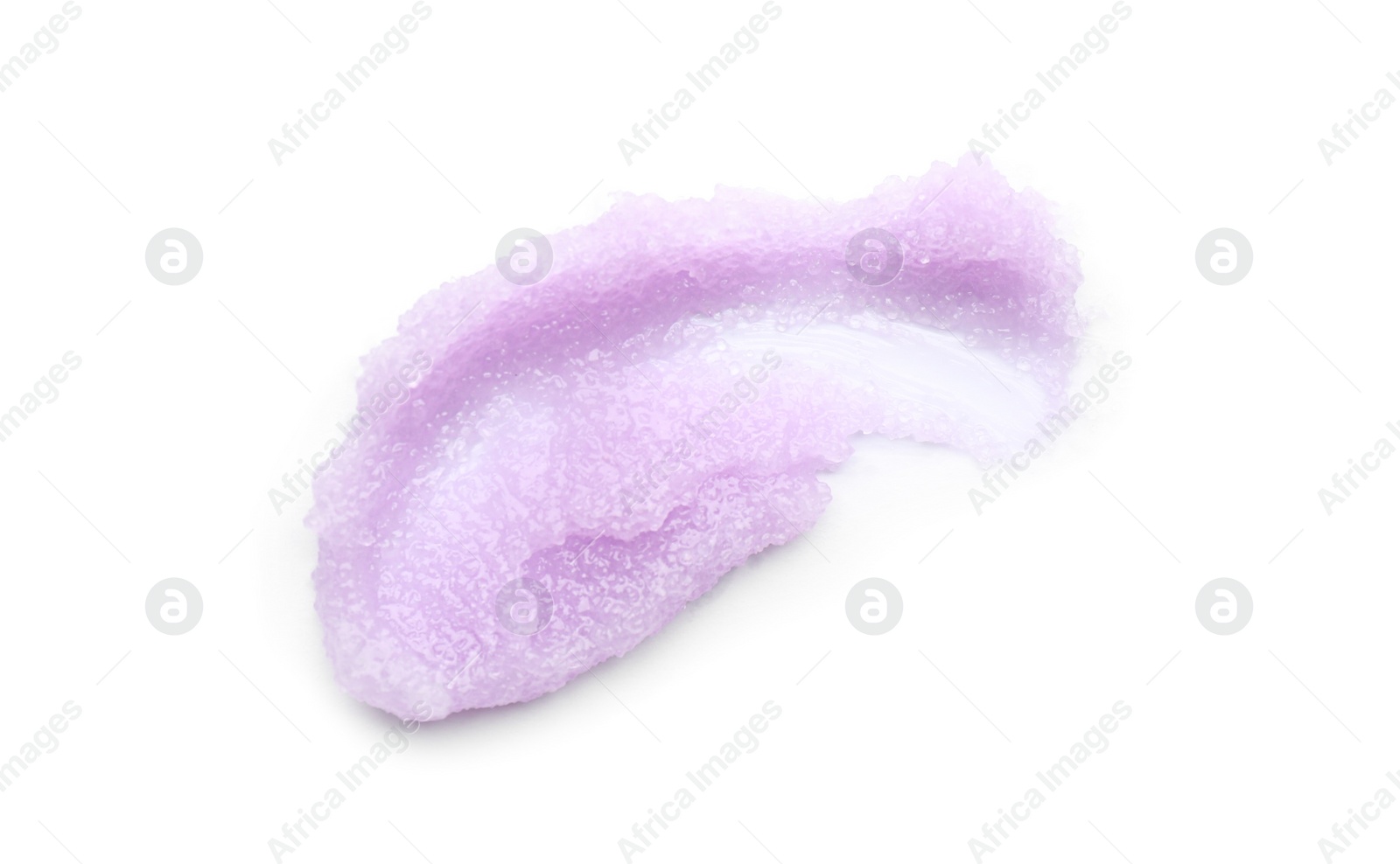 Photo of Smear of violet body scrub isolated on white, top view