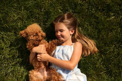 Photo of Beautiful girl with cute Maltipoo dog on green lawn outdoors, top view