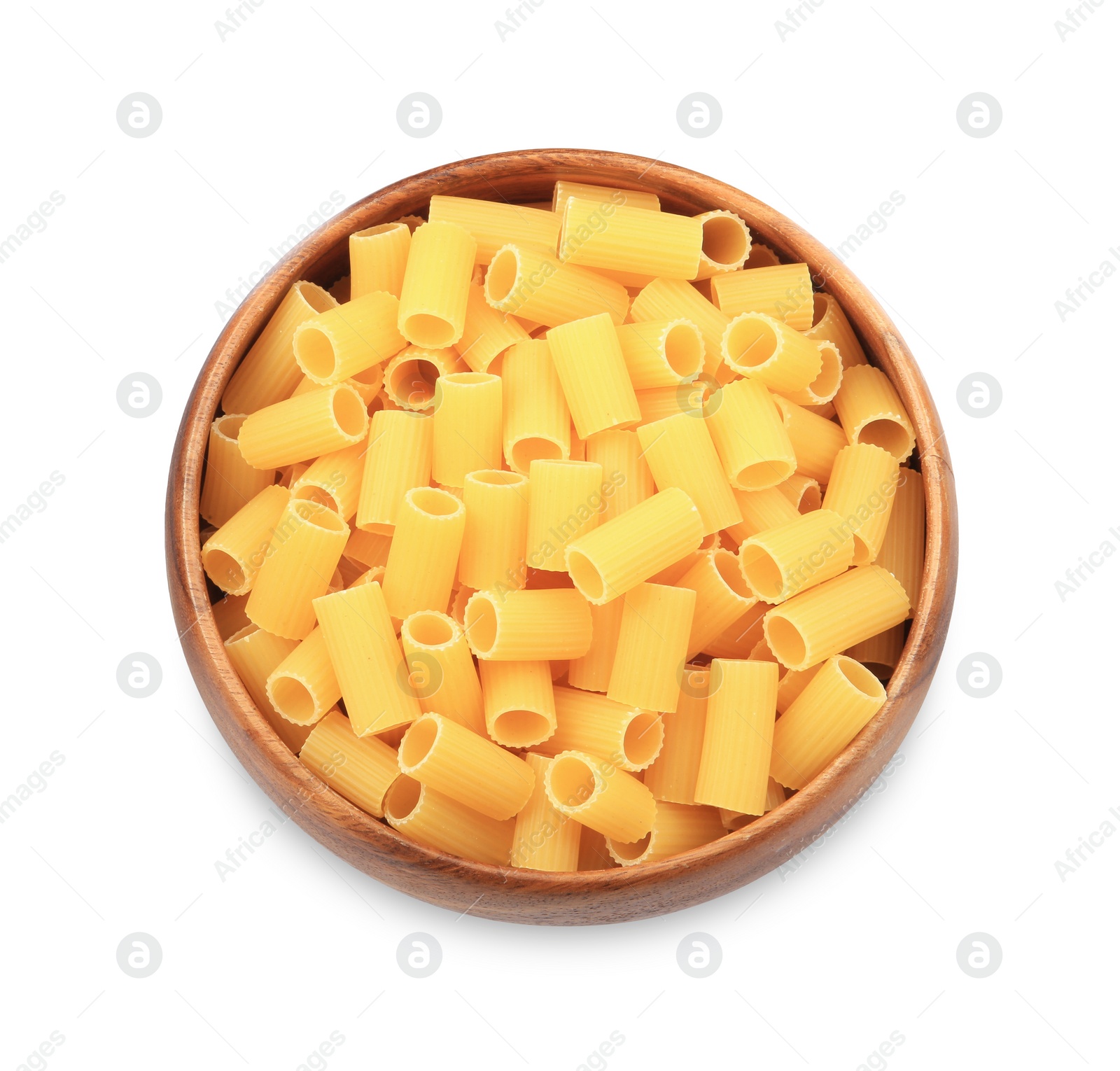 Photo of Raw rigatoni pasta in bowl isolated on white, top view