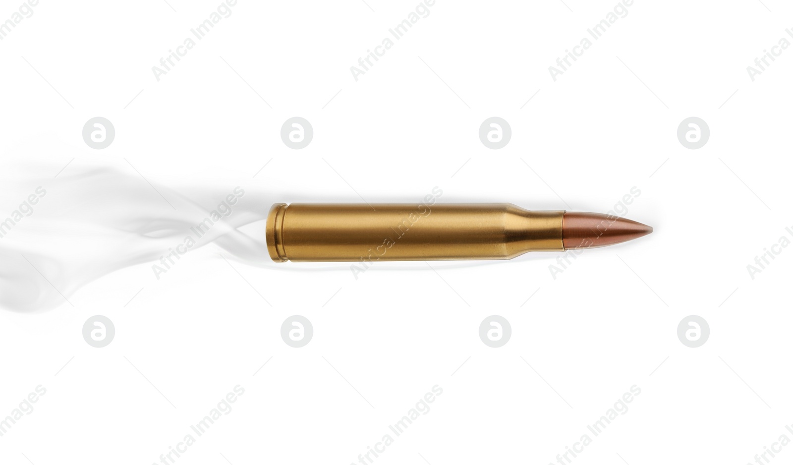 Image of Bullet with smoke flying on white background