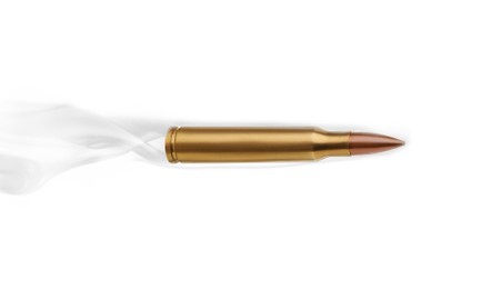 Image of Bullet with smoke flying on white background