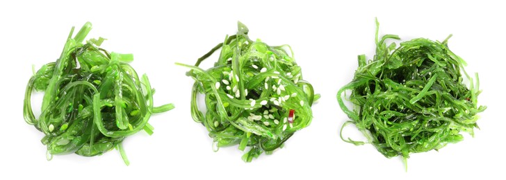 Image of Japanese seaweed salad on white background, top view. Collage