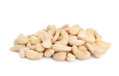 Pile of tasty organic cashew nuts isolated on white