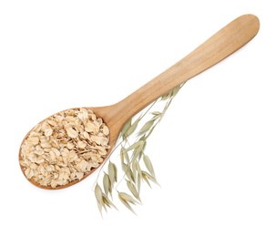 Wooden spoon of oatmeal and branch with florets isolated on white, top view