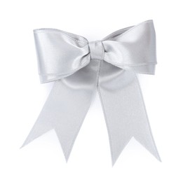 Beautiful silver ribbon tied in bow isolated on white, top view