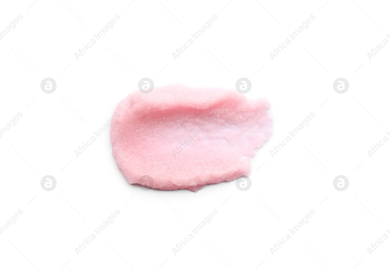 Photo of Smear of pink body scrub isolated on white, top view