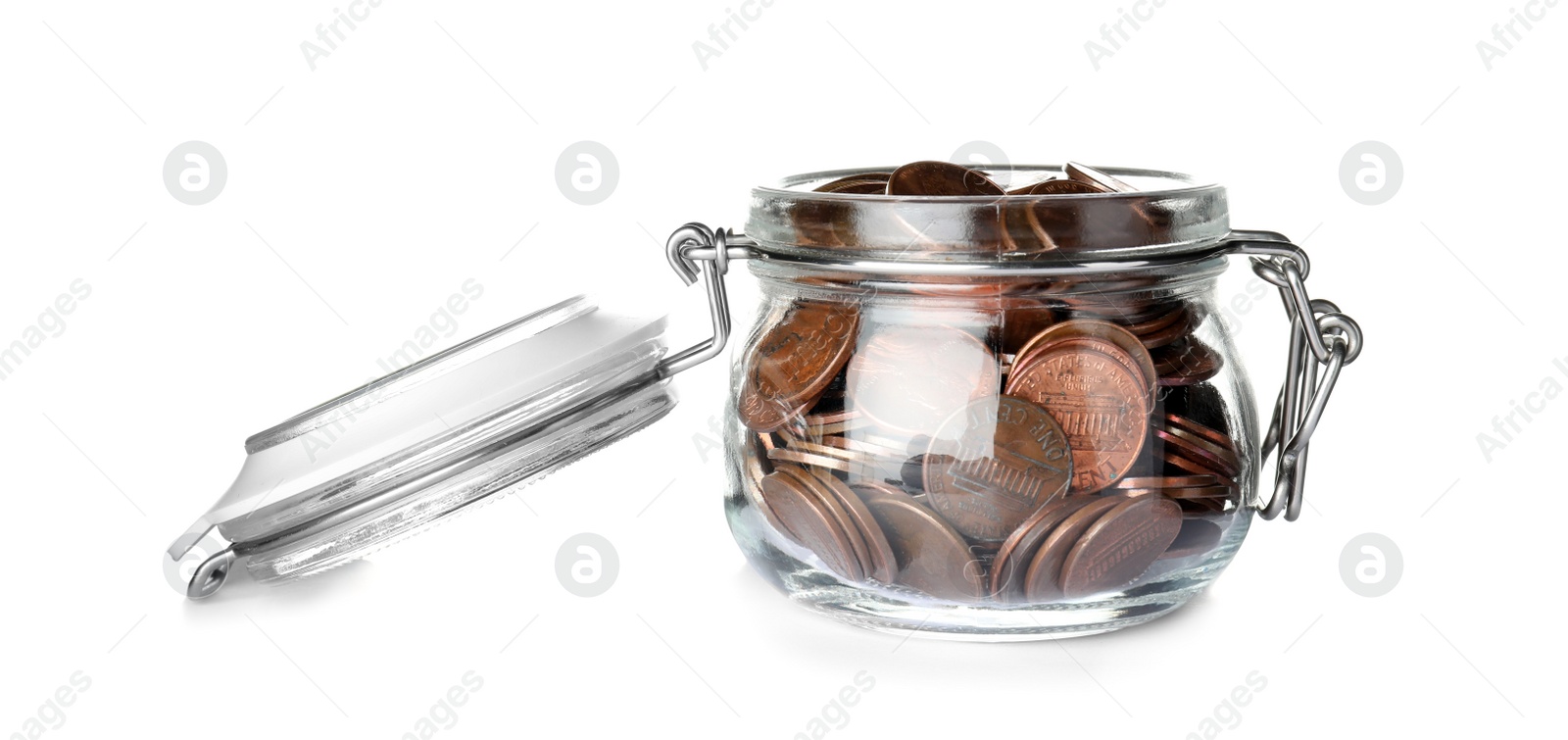 Photo of Glass jar with coins isolated on white