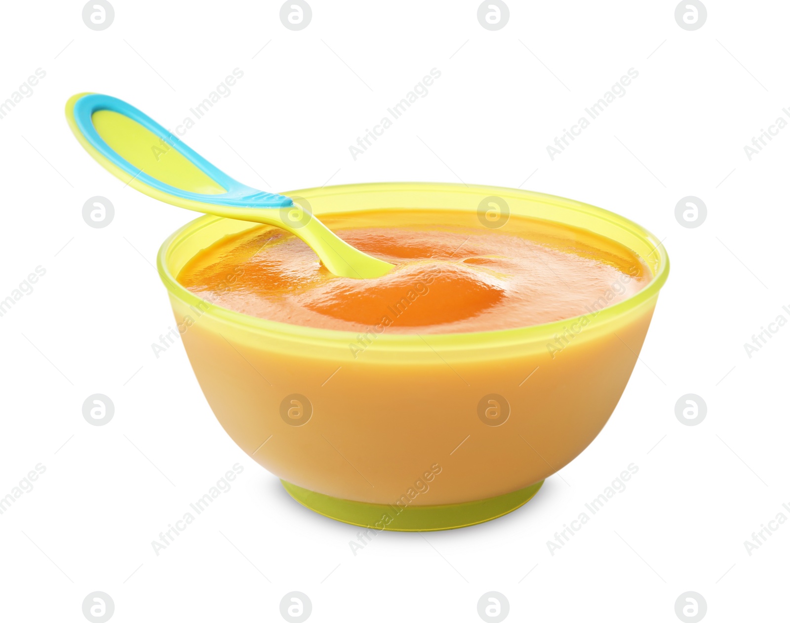 Photo of Tasty baby food and spoon in bowl isolated on white