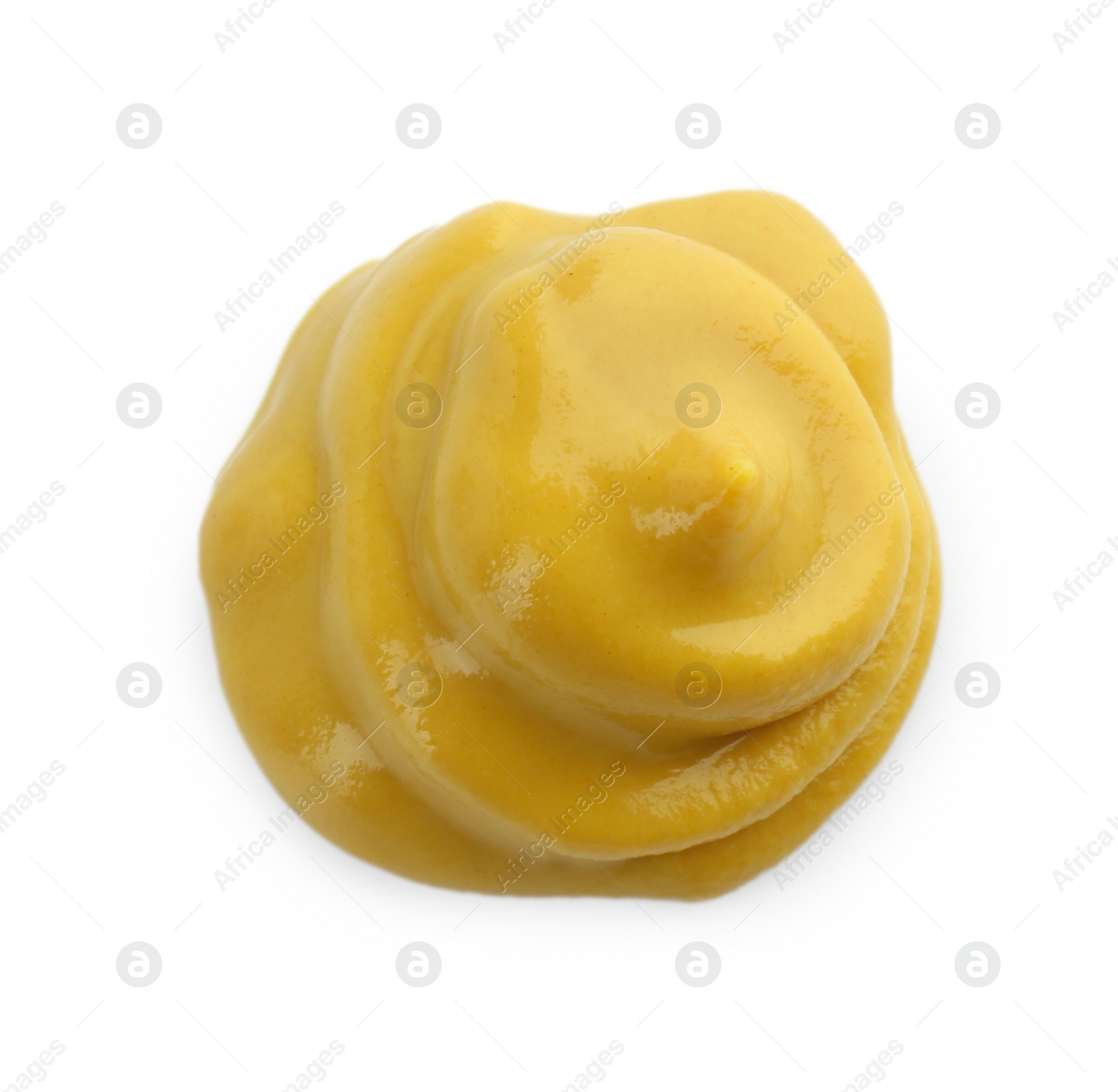 Photo of Fresh tasty mustard sauce isolated on white, top view