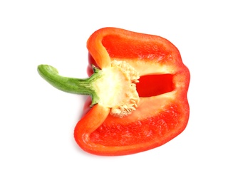 Photo of Half of ripe red bell pepper on white background, top view