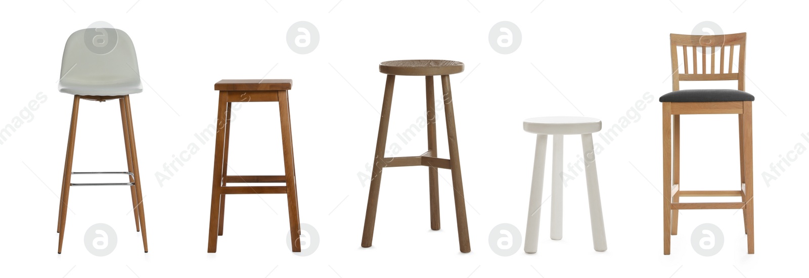 Image of Set with stylish stools on white background. Banner design