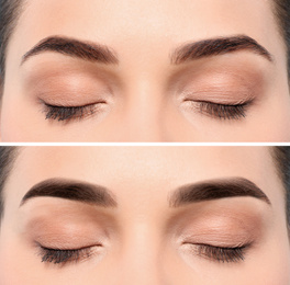 Image of Woman before and after eyebrow correction, closeup