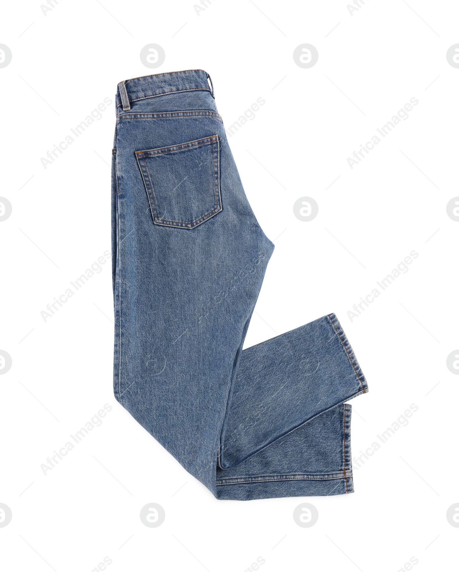 Photo of Blue jeans isolated on white, top view. Stylish clothes