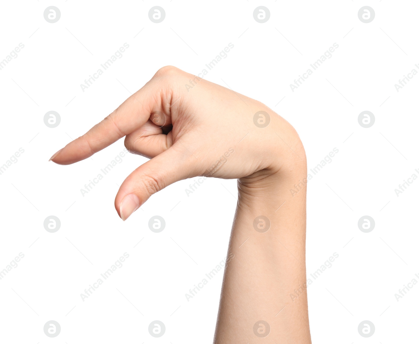 Photo of Woman showing Q letter on white background, closeup. Sign language