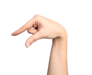 Photo of Woman showing Q letter on white background, closeup. Sign language