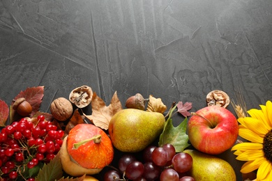 Photo of Autumn fruits and vegetables on grey background, flat lay with space for text. Happy Thanksgiving day