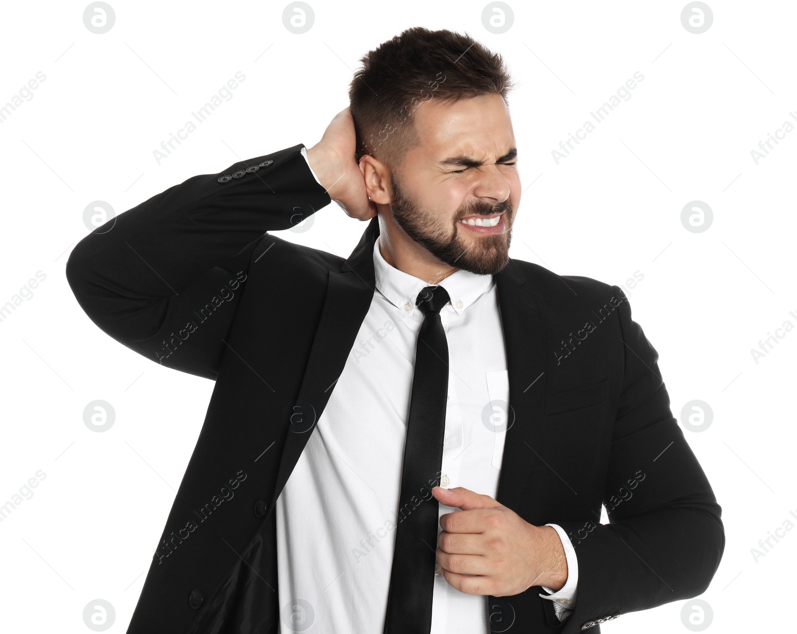 Photo of Businessman suffering from headache on white background