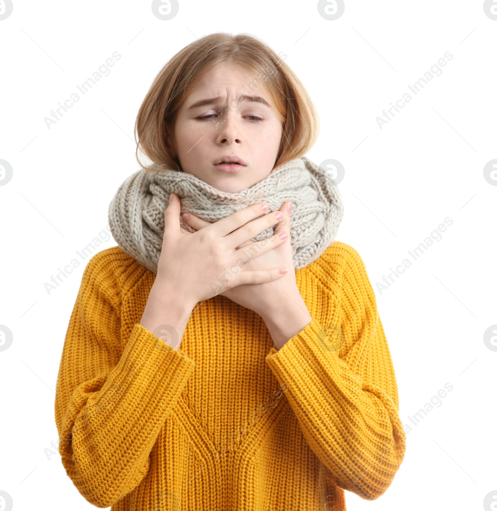 Photo of Teenage girl suffering from cough isolated on white