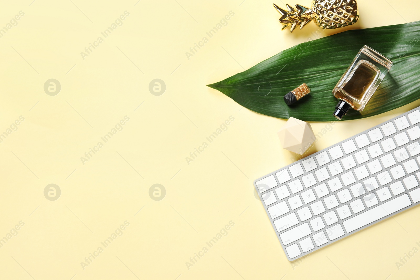 Photo of Creative flat lay composition with tropical leaf and computer keyboard on color background